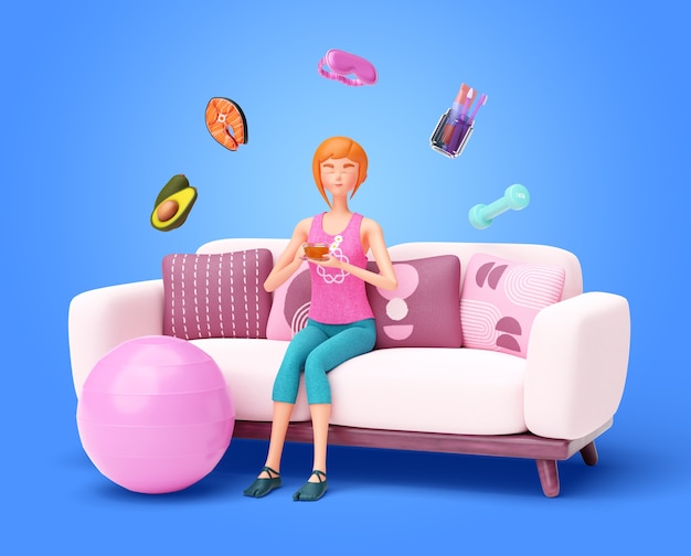 Renderizado en 3D de un carácter de rutina saludable