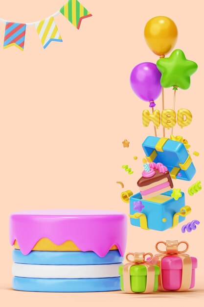 Renderizado en 3D del diseño del podio de cumpleaños