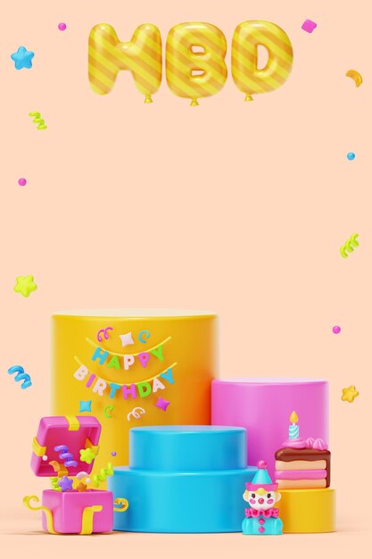 Renderizado en 3D del diseño del podio de cumpleaños