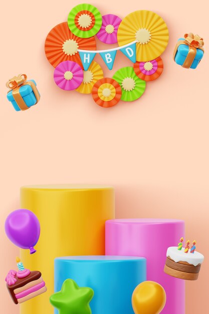 Renderizado en 3D del diseño del podio de cumpleaños