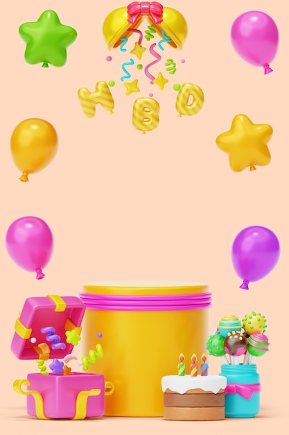 Renderizado en 3D del diseño del podio de cumpleaños