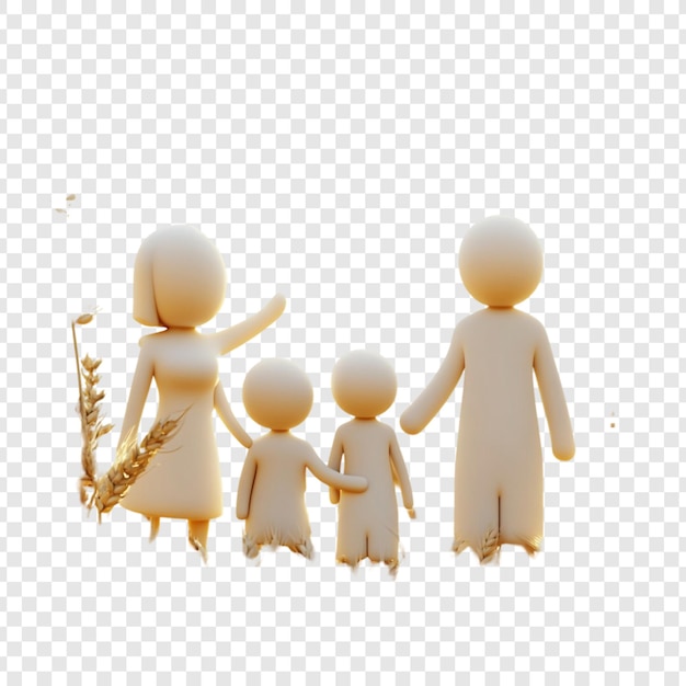 Renderizado en 3D de una familia feliz en un campo de trigo al atardecer