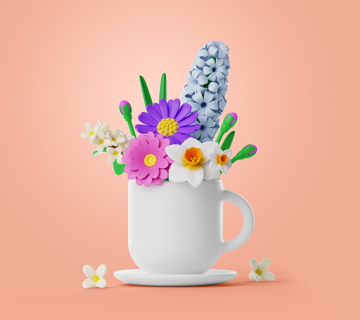 PSD gratuito renderizado en 3d de flores y naturaleza muerta