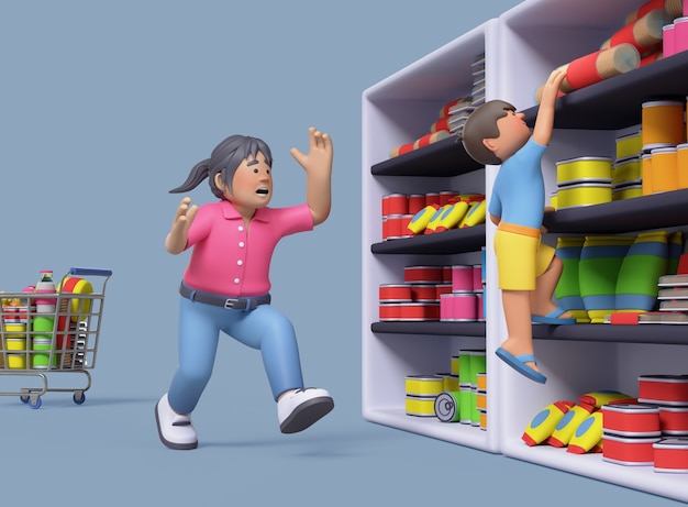 Renderizado en 3D de una mujer con un niño en un supermercado