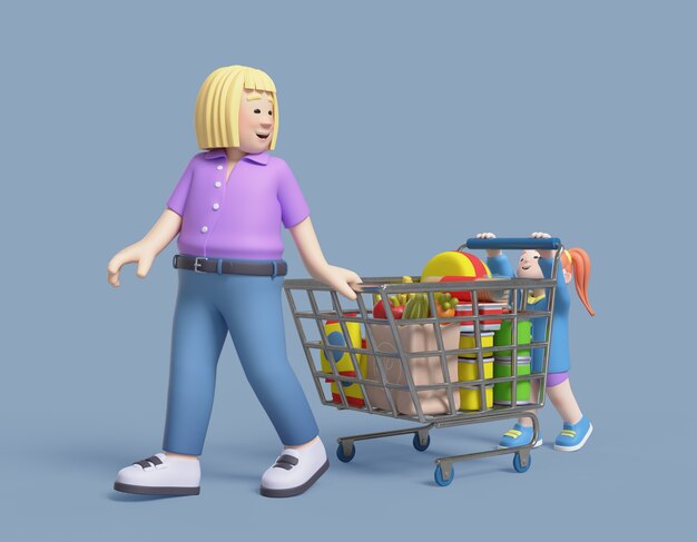 Renderizado en 3D de una mujer con un niño en un supermercado