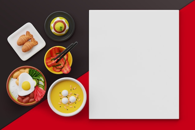 Renderizado en 3D de una pancarta en blanco de comida coreana