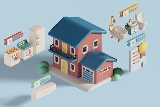 Renderizado en 3D de partes de una casa