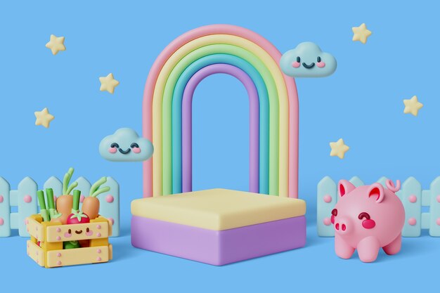 Renderizado en 3D del podio de ventas de kawaii