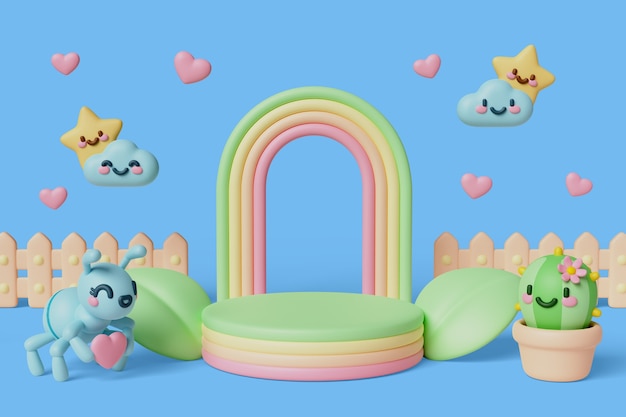 Renderizado en 3D del podio de ventas de kawaii