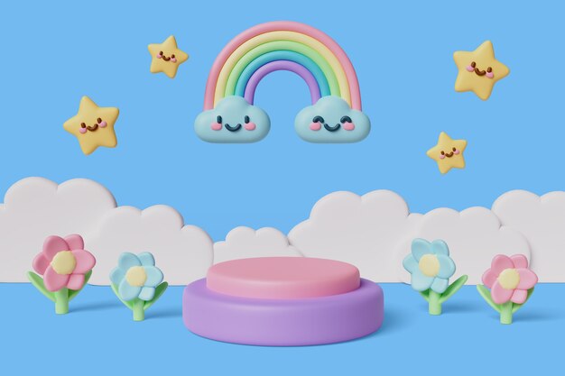 Renderizado en 3D del podio de ventas de kawaii