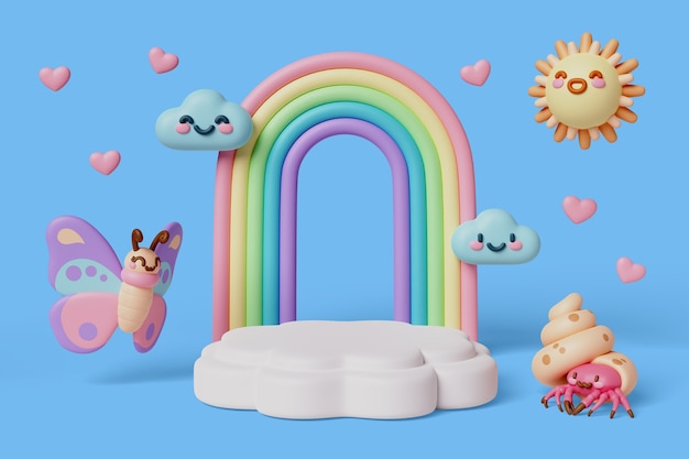 Renderizado en 3D del podio de ventas de kawaii
