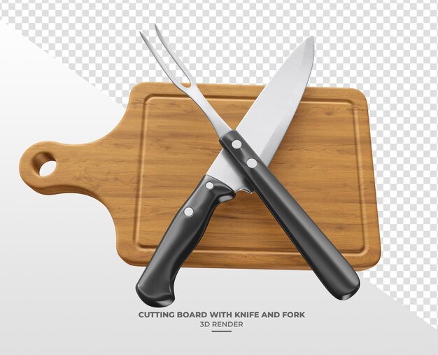 Renderizado en 3D de una tabla de cortar de madera con cuchillo y tenedor en un fondo transparente