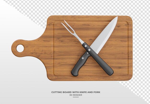 Renderizado en 3D de una tabla de cortar de madera con cuchillo y tenedor en un fondo transparente