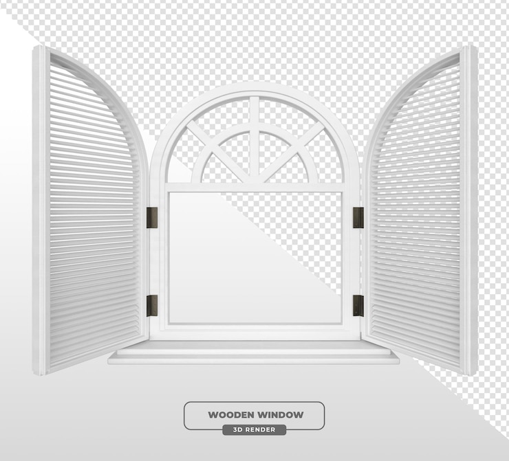 PSD gratuito renderizado en 3d de una ventana de arco de madera blanca con persianas abiertas