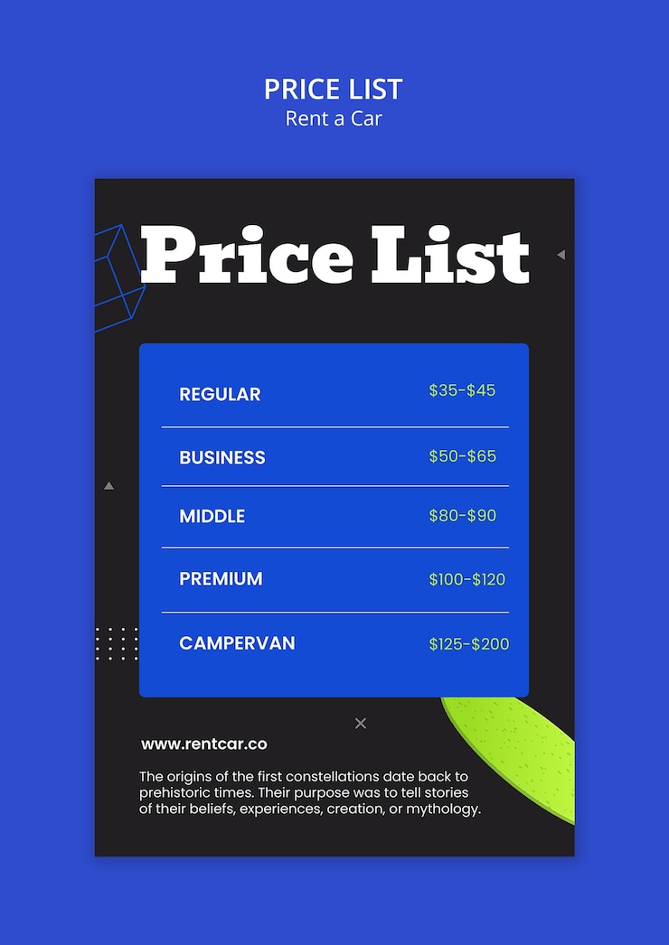 PSD Gratis rent a car price list template design