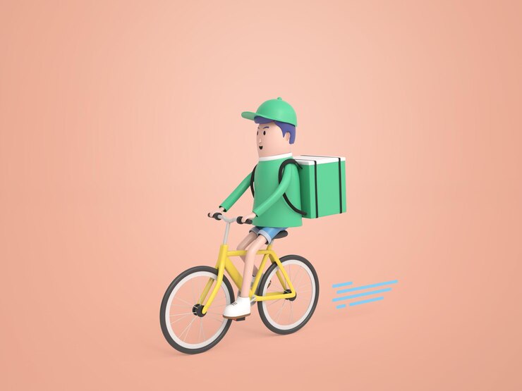 PSD gratuito repartidor de alimentos con una bolsa en una bicicleta de fondo aislado