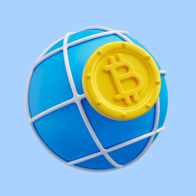 Representación 3d de bitcoin en el icono del planeta