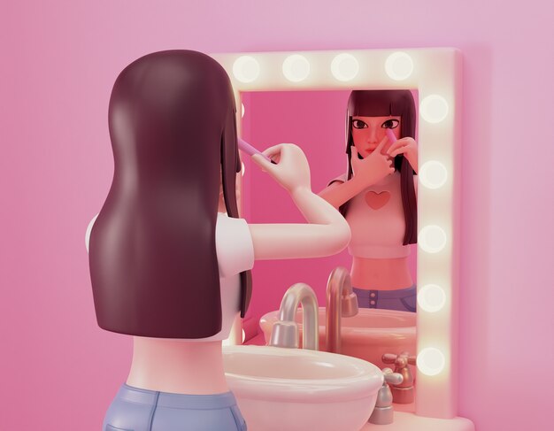 Representación 3D de una chica al maquillarse