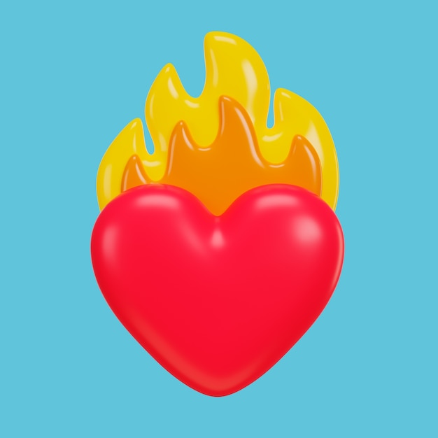 Representación 3D del icono del corazón en llamas