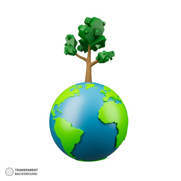 Representación 3D del icono de la tierra con el árbol aislado