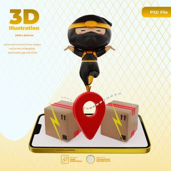 Representación 3d de la ilustración ninja del personaje de mensajería