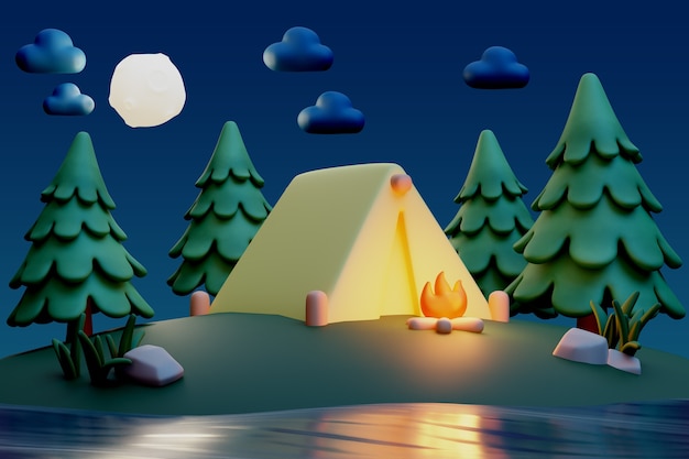 Representación 3D de la ilustración del paisaje nocturno.