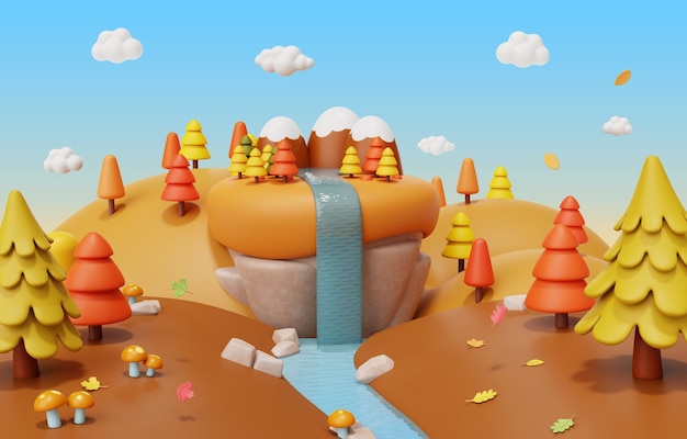 Representación 3d de la ilustración del paisaje otoñal