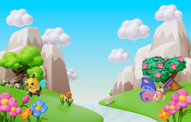 representación en 3D de la ilustración del paisaje de primavera