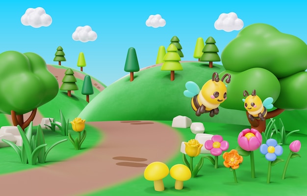 representación en 3D de la ilustración del paisaje de primavera