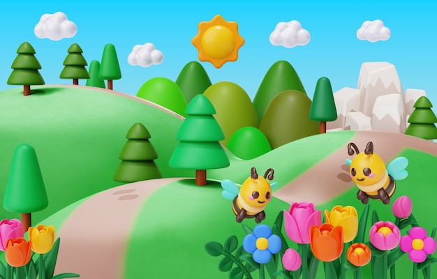 PSD gratuito representación en 3d de la ilustración del paisaje de primavera