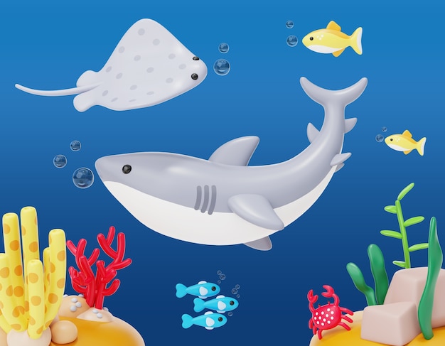 Representación 3D de la ilustración de la vida marina.