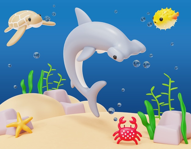 Representación 3D de la ilustración de la vida marina.