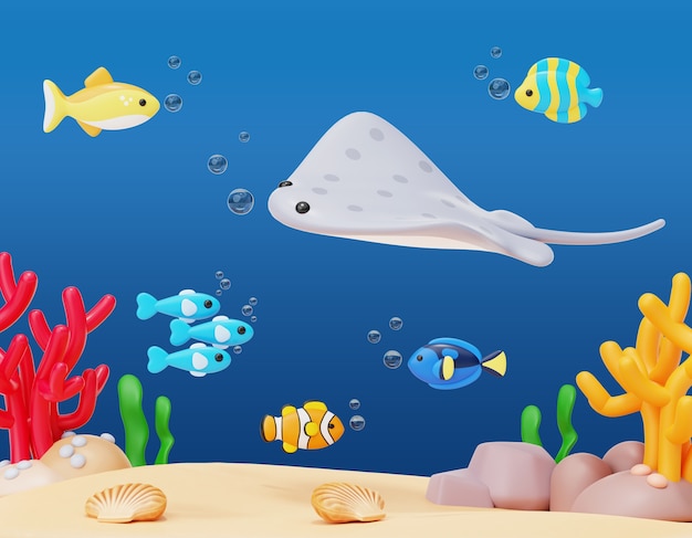 Representación 3D de la ilustración de la vida marina.