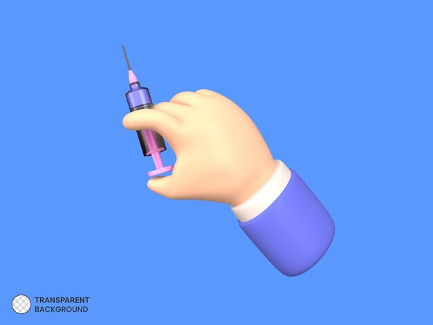 Representación 3d de la mano que sostiene el icono de la jeringa de la vacuna aislado