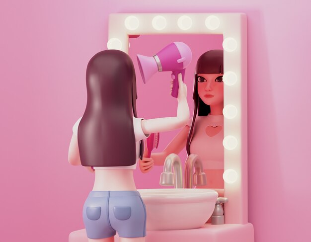 Representación 3D de una niña preparándose
