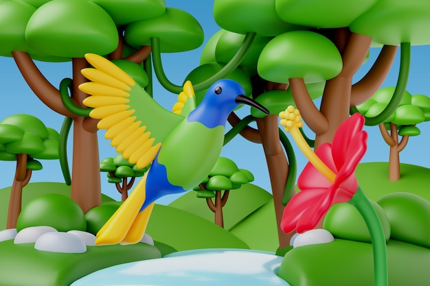 Representación 3D del pájaro colibri colombiano