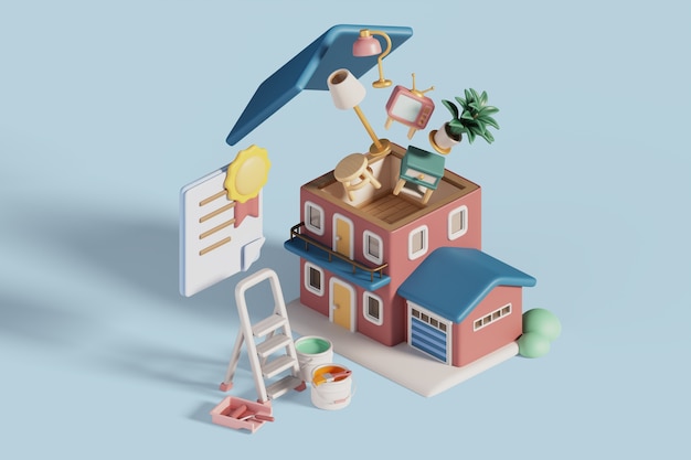 Representación 3d de partes de una casa.