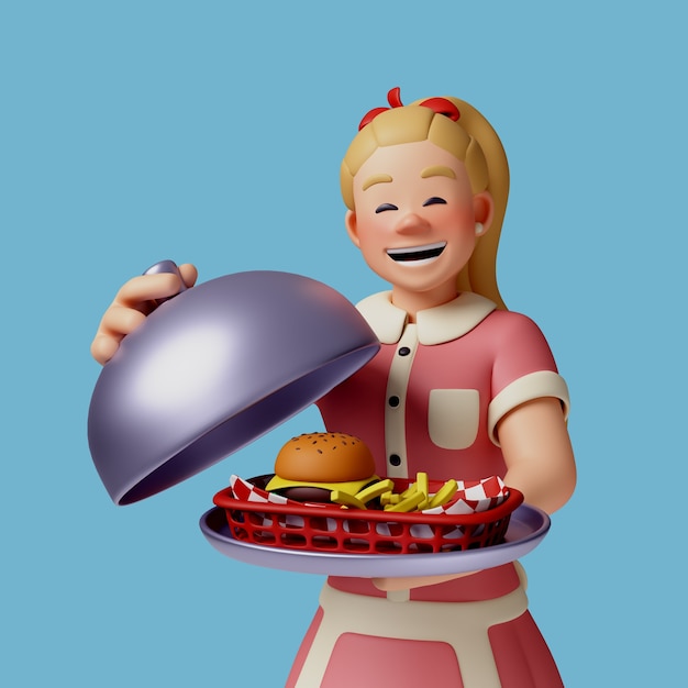 Representación 3d del personaje de camarera del restaurante.
