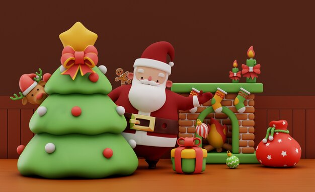 representación 3d de santa en su sala de estar