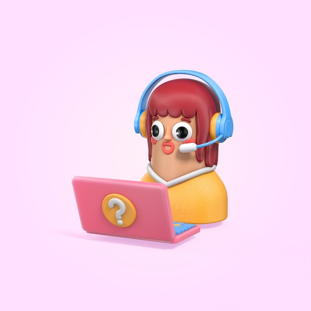 Representante de soporte al cliente de dibujos animados con auriculares y portátil