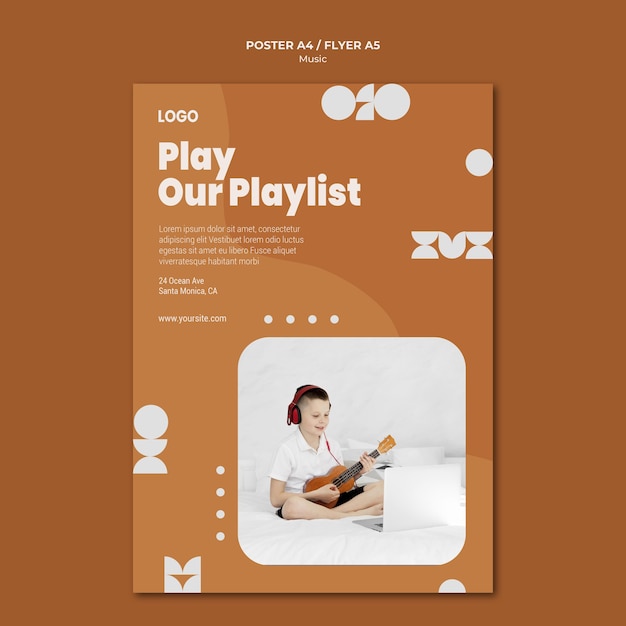 PSD gratuito reproduce nuestro cartel de playlist chico tocando ukelele