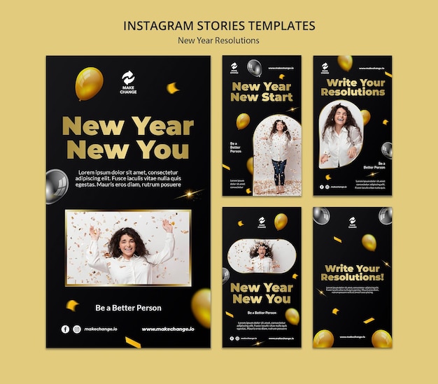 PSD gratuito resoluciones de año nuevo historias de instagram con detalles dorados.