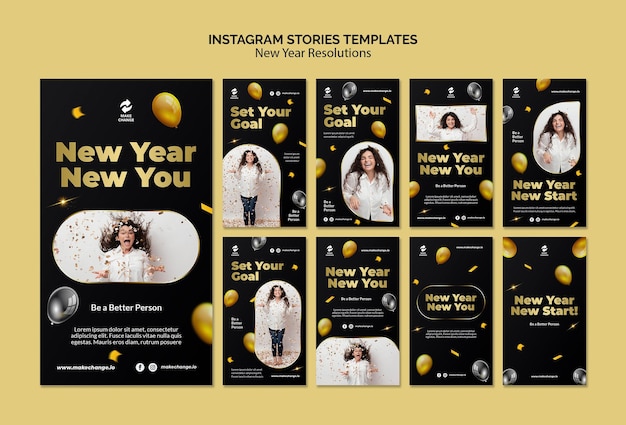 PSD gratuito resoluciones de año nuevo historias de instagram con detalles dorados.