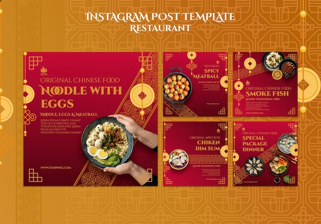 Restaurant instagram posts collectie met aziatische geluksmunten