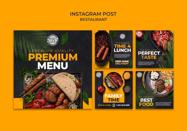 Gratis PSD restaurant instagram posts collectie met bladeren ontwerp