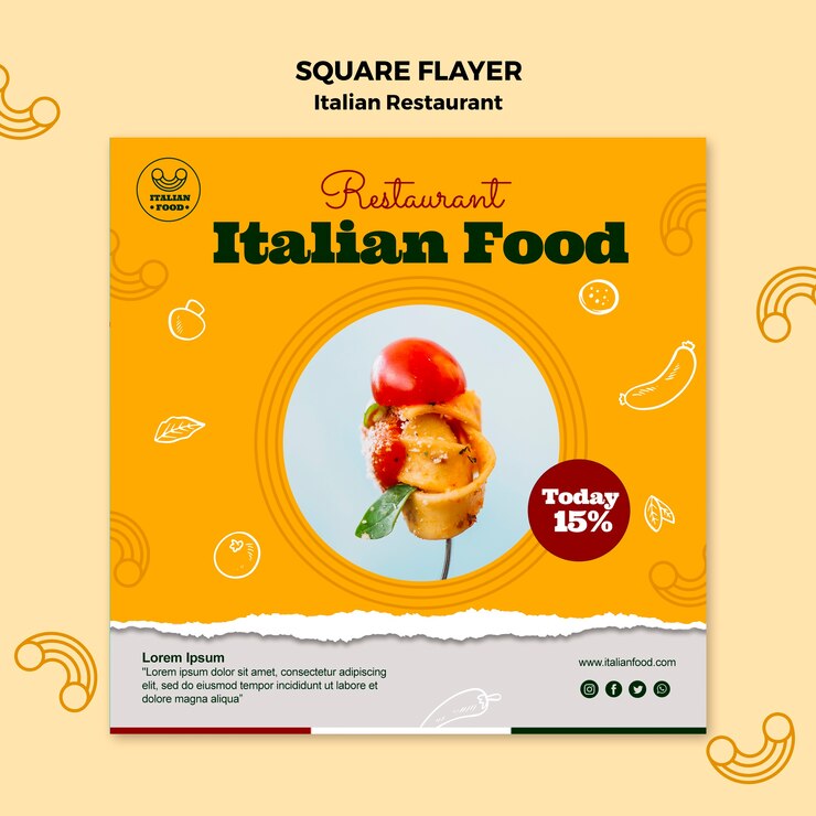 PSD gratuito restaurante italiano flyer cuadrado con descuento
