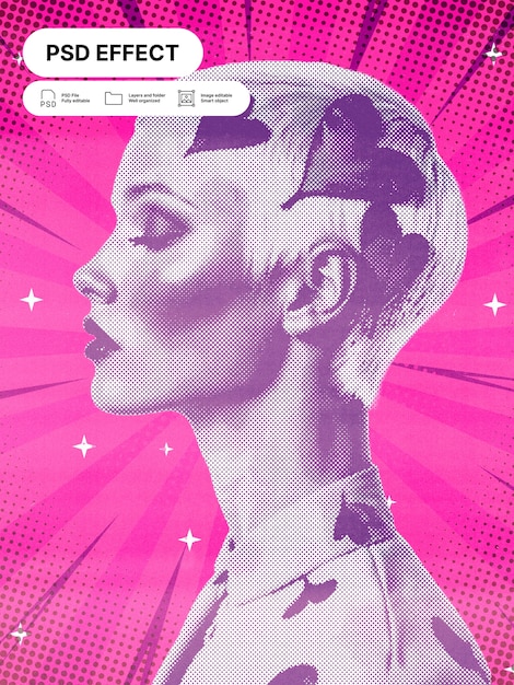Retrato de arte pop de una mujer en rosa y púrpura