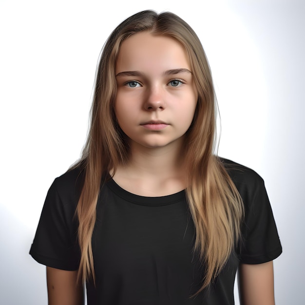 PSD gratuito retrato de una chica con una camiseta negra sobre un fondo blanco