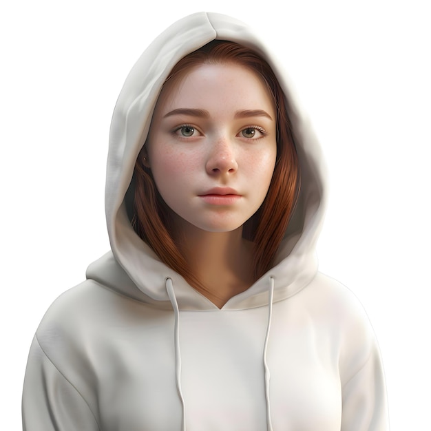 Retrato de una chica pelirroja con una sudadera blanca sobre un fondo blanco