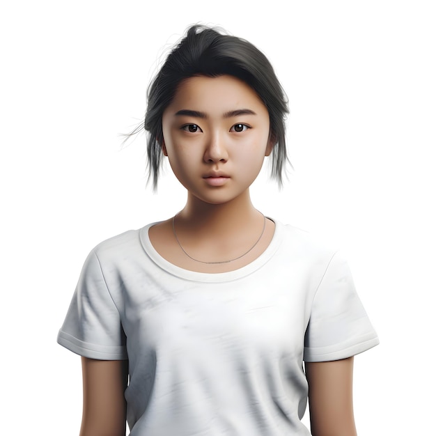 PSD gratuito retrato de una hermosa mujer asiática con una camiseta blanca aislada sobre un fondo blanco